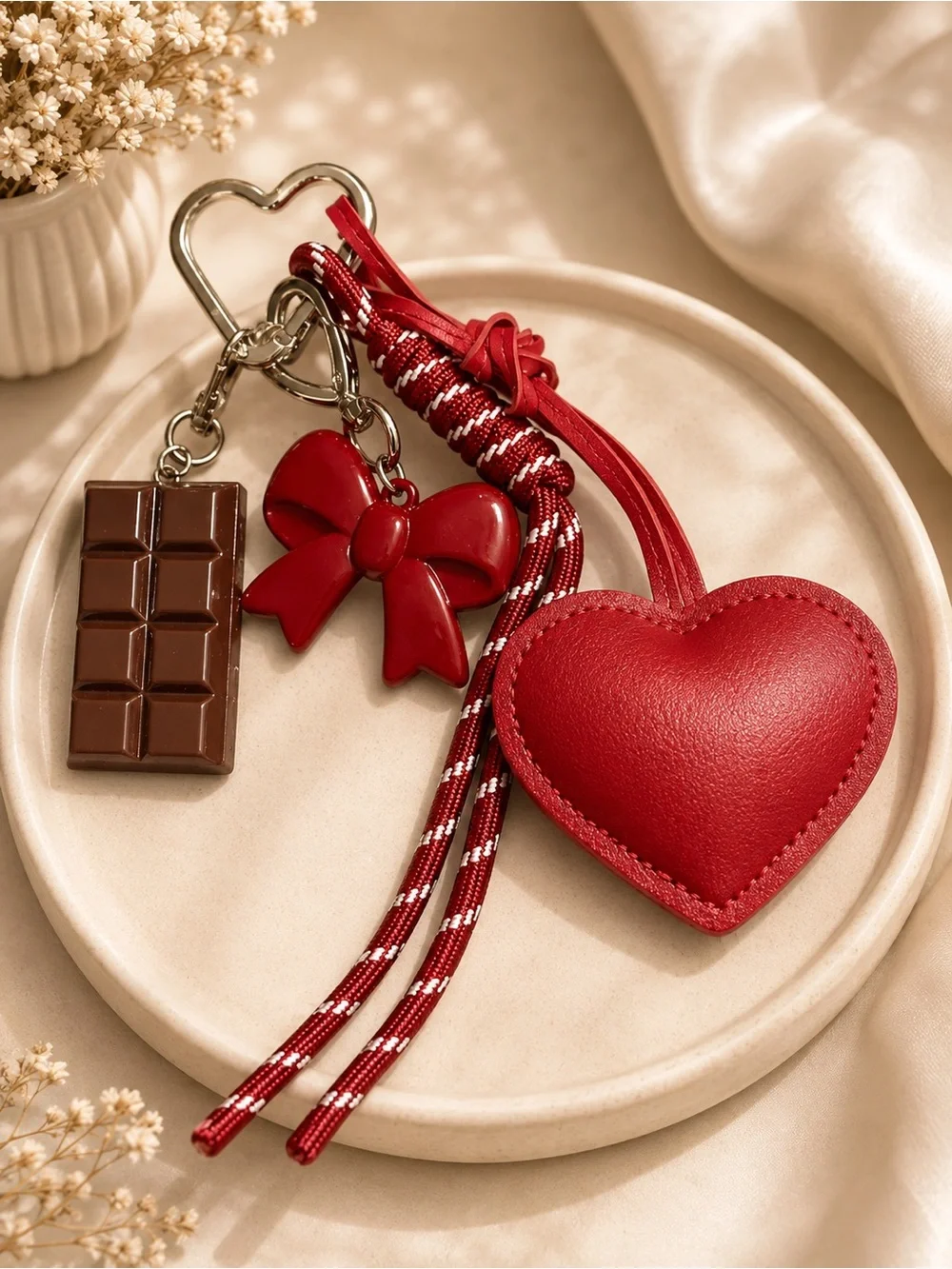 Red Heart & Bow Keychain Charm with Chocolate Pendant - Women Accessories